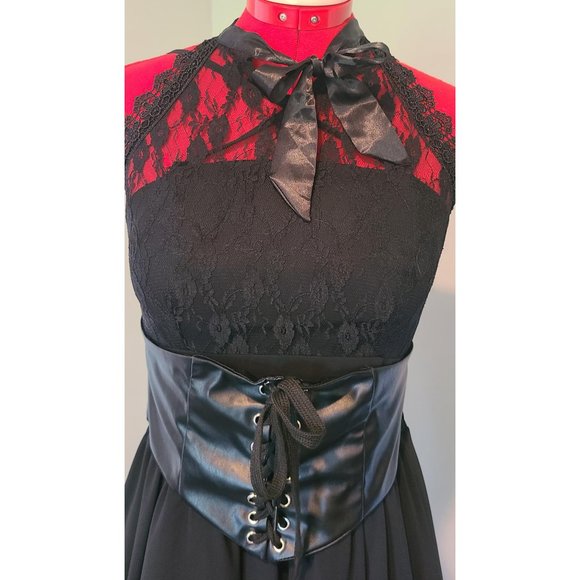 CharMma Women's Gothic Bow Neck Cross Back Sleeveless Floral Lace Corset Dress - Picture 2 of 4